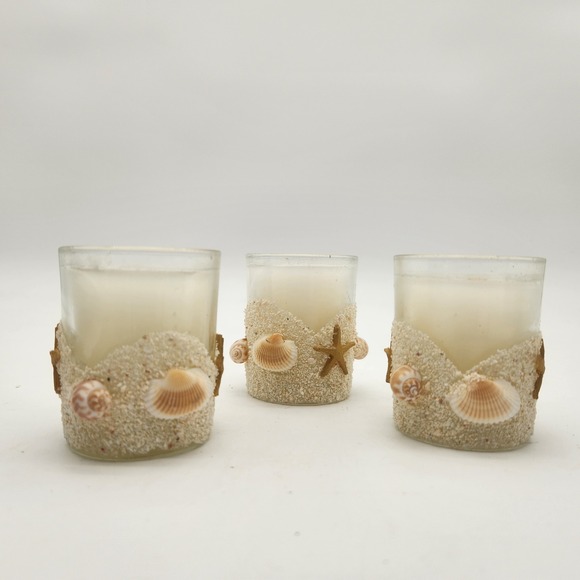 Trio of New Beach Themed Votive Candle Holders With Candles Seashell Sand Decor - Picture 3 of 7
